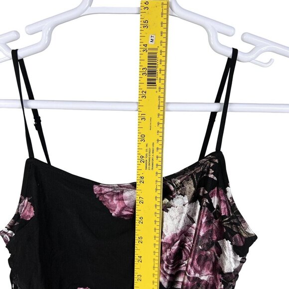 Black Foiled Pink Floral Ruched Mini Dress Bodycon Coquette Whimsigoth Womens S - Picture 11 of 16